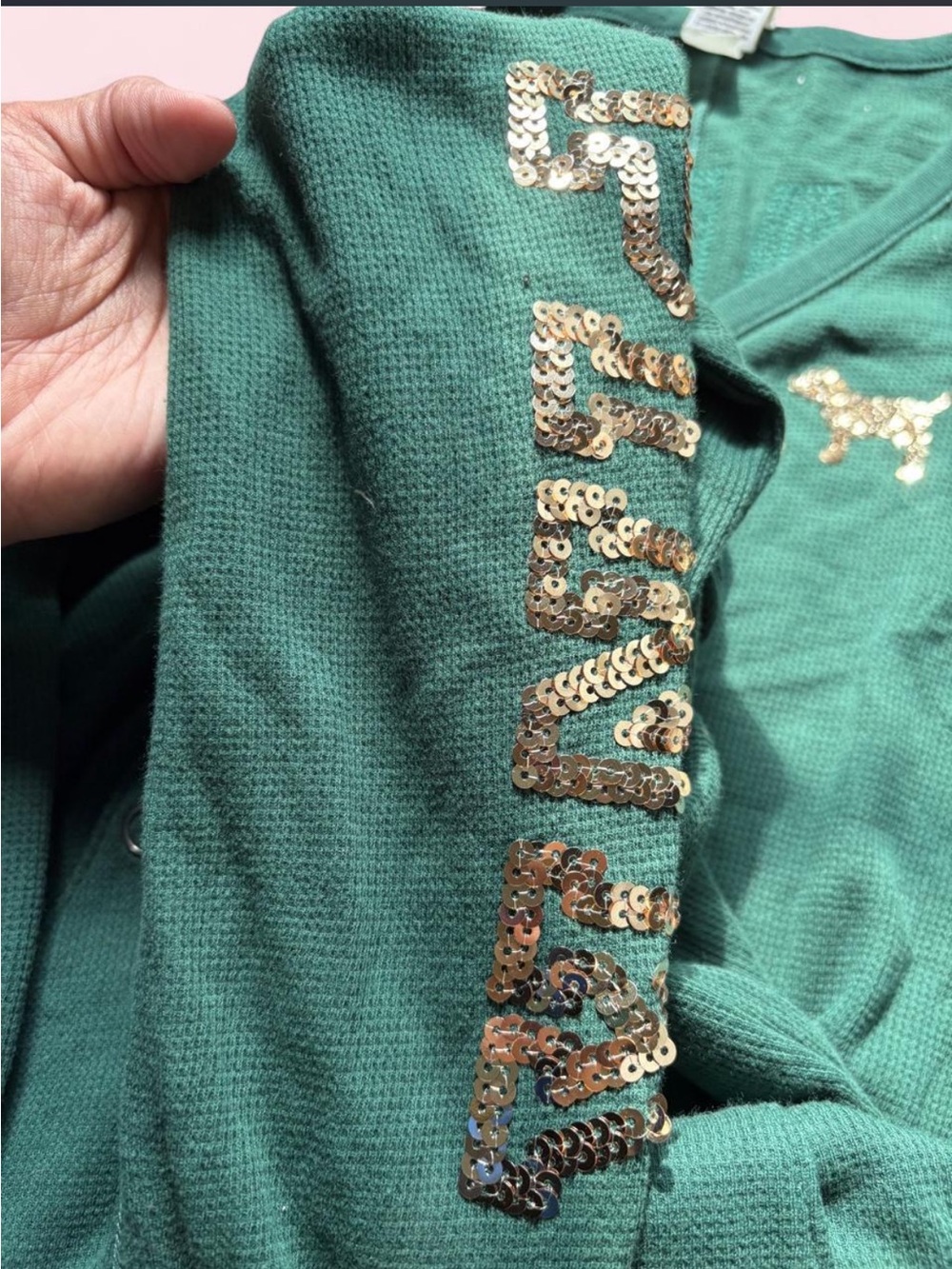 RARE VS PINK Green Sequin Thermal Waffle Knit Holiday Christmas Onesie Jumpsuit - Picture 4 of 6